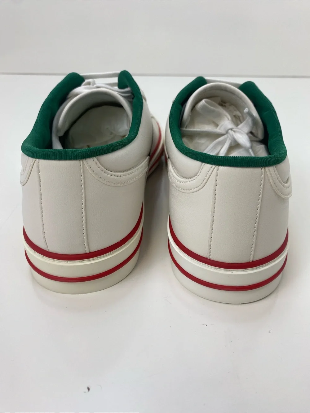 Gucci White Leather Sneakers with Red Trim & Green Lining